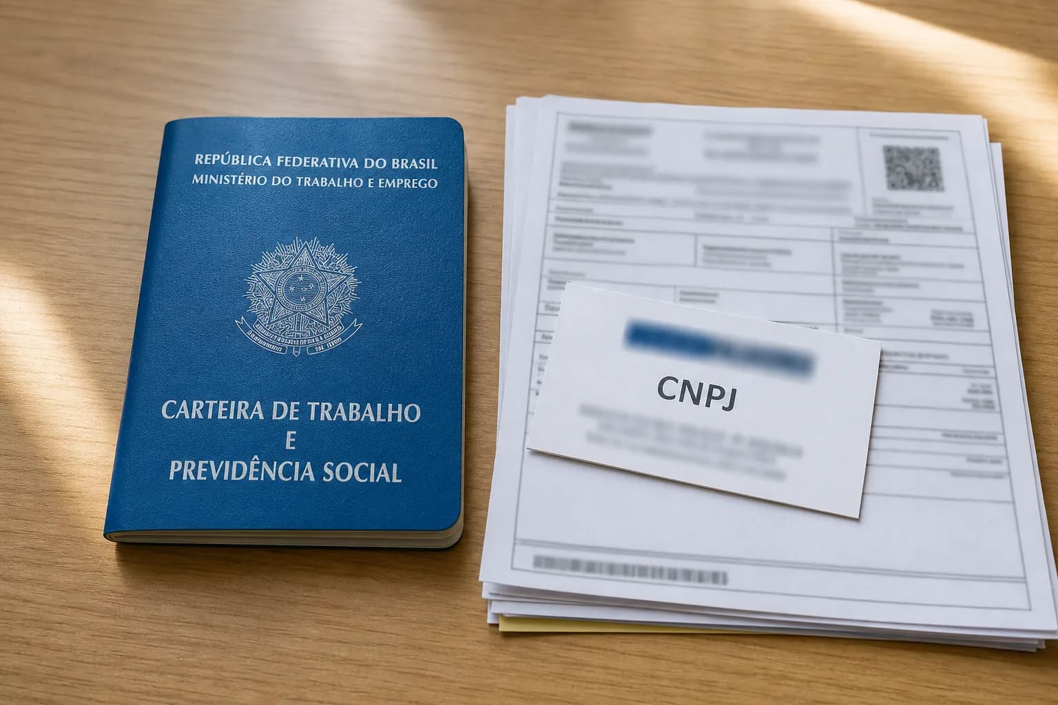 Carteira de trabalho de um lado e notas fiscais do outro, à luz do dia