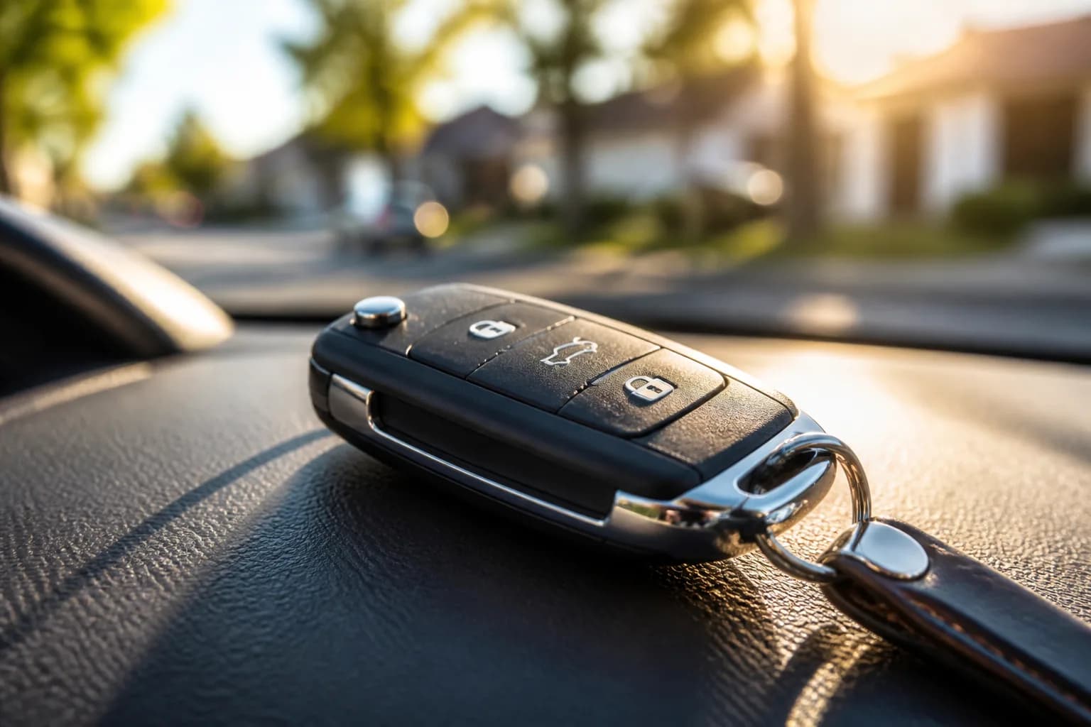 Chave de carro em close sobre o painel, à luz do dia