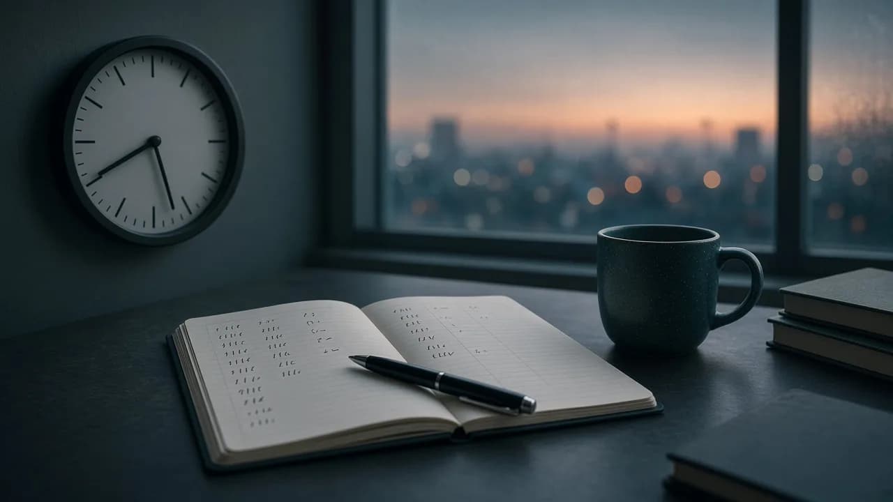 Relógio e anotações de jornada ao entardecer