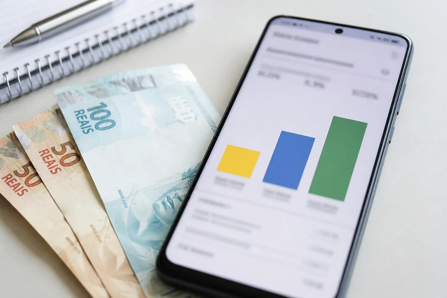 Celular comparando três aplicações, com notas de real ao lado