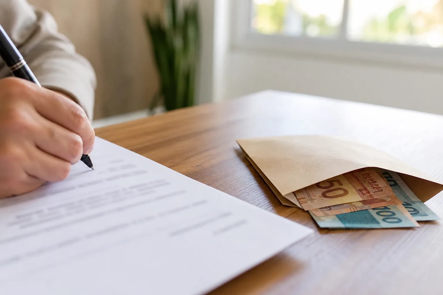 Termo de rescisão assinado e envelope com reais sobre a mesa