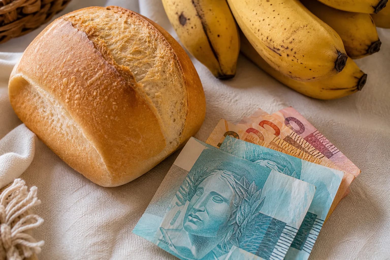 Reais, pão e bananas em close sobre a mesa, à luz da manhã