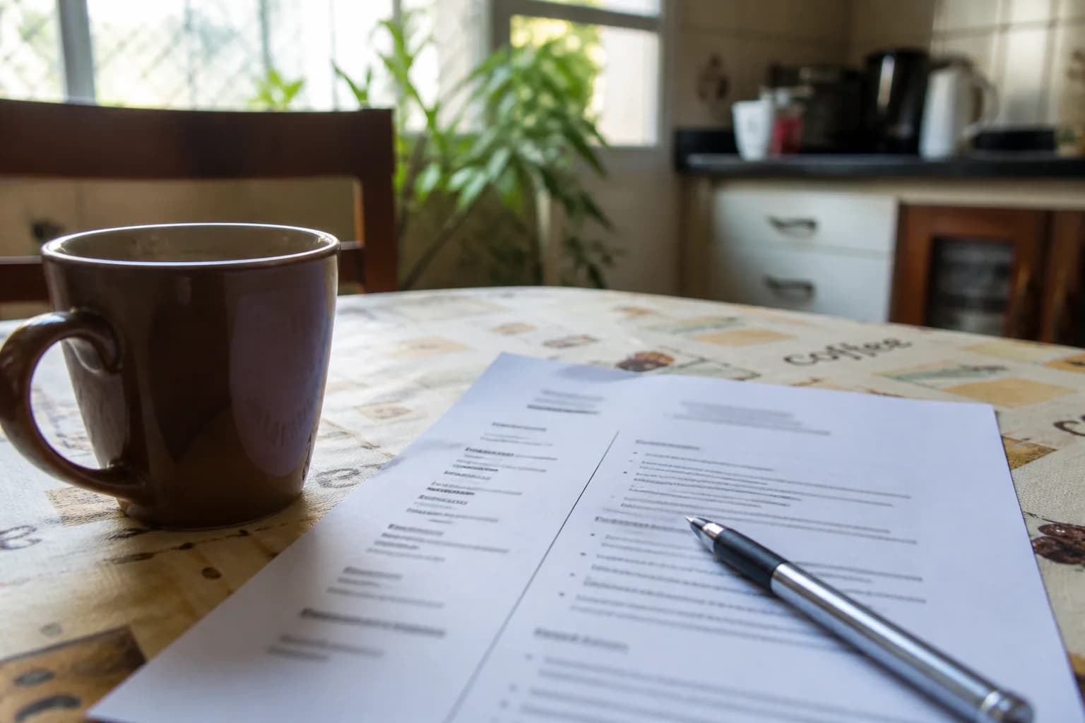 Currículo impresso e uma caneca na mesa de casa, à luz do dia