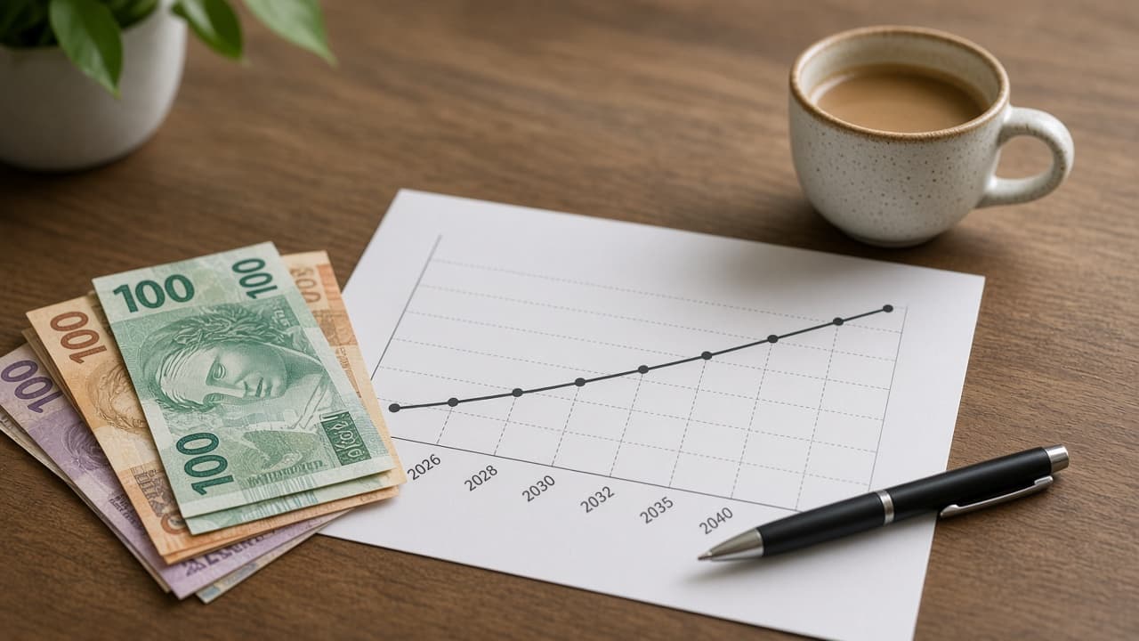 Notas de real e anotações sobre títulos públicos sobre a mesa, à luz do dia
