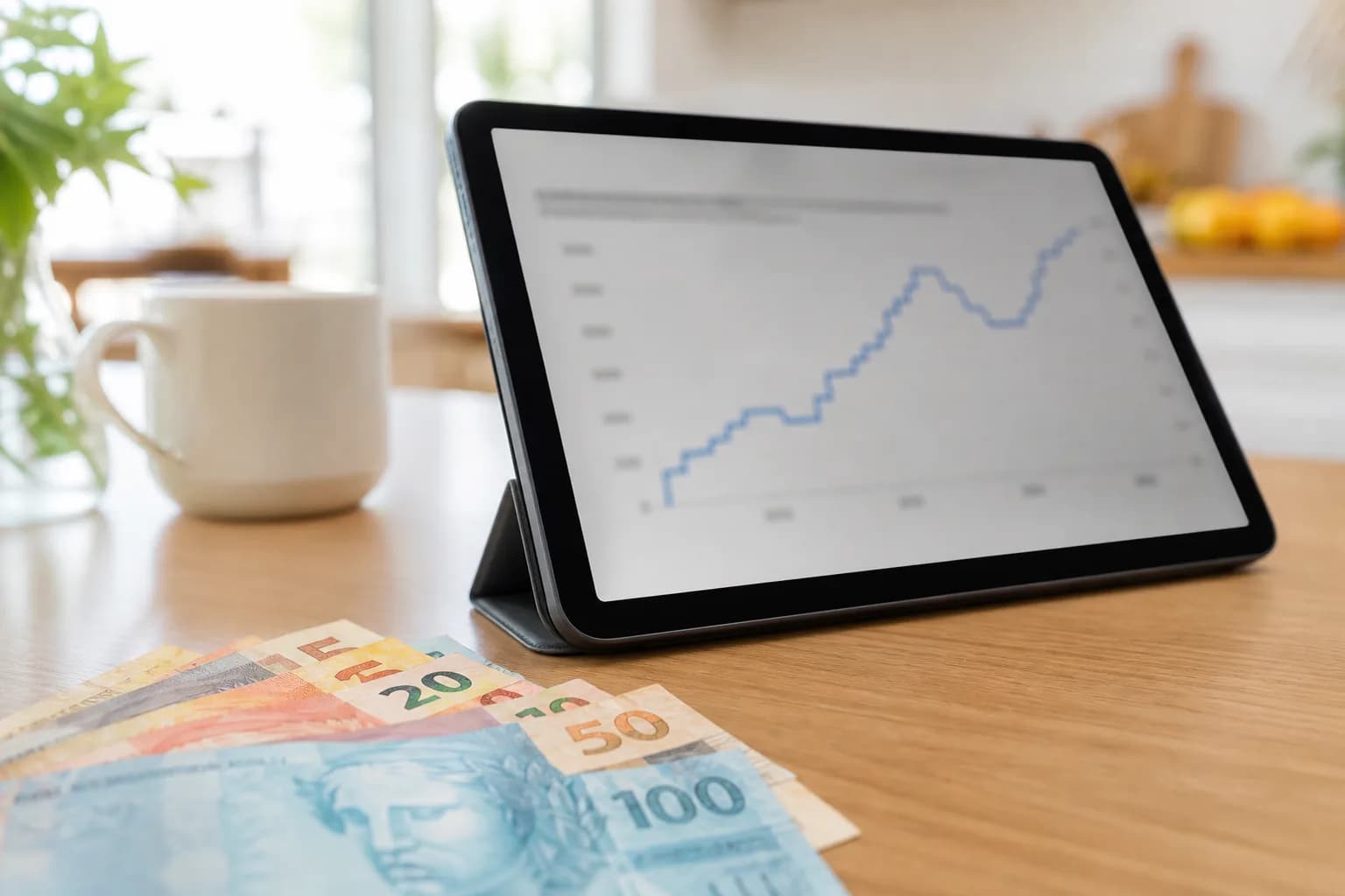 Tablet com gráfico de taxa e notas de real sobre a mesa, à luz do dia